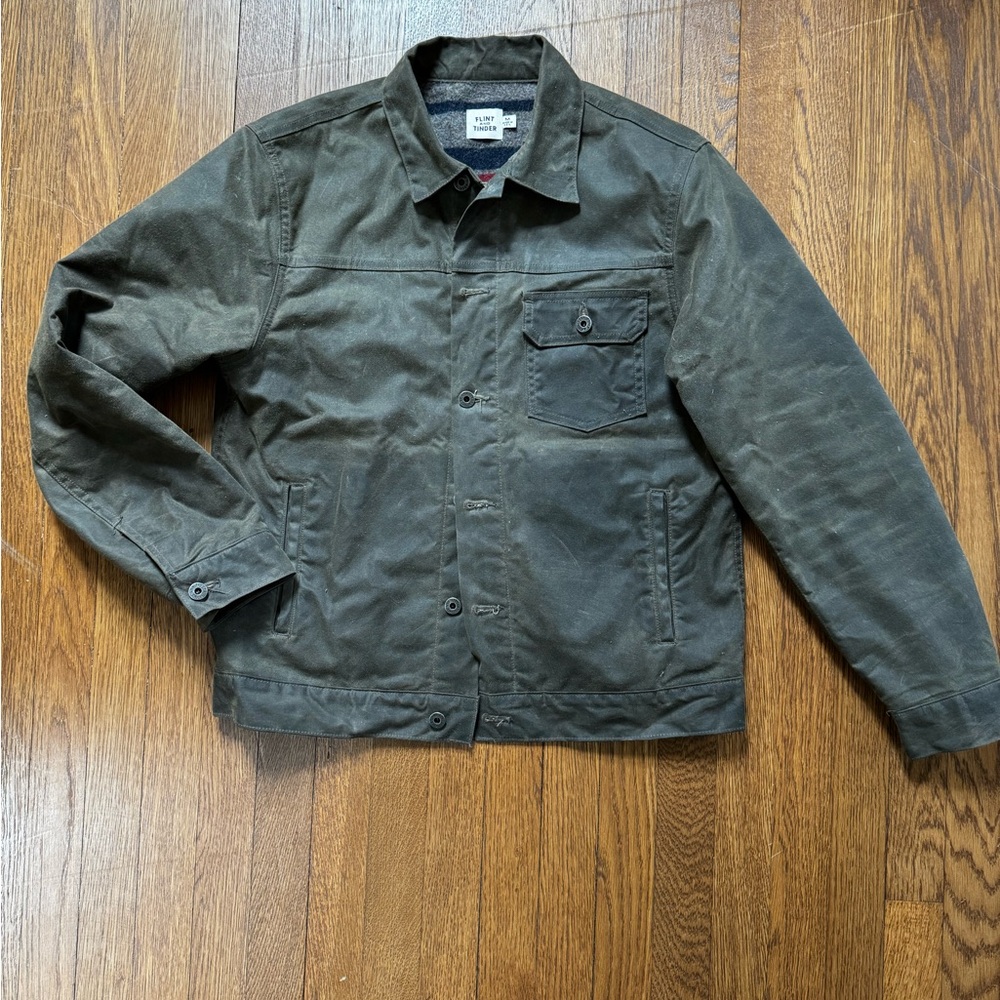 Flint and Tinder Forest / Olive Green Men's Wool Lined Waxed Canvas Jacket M